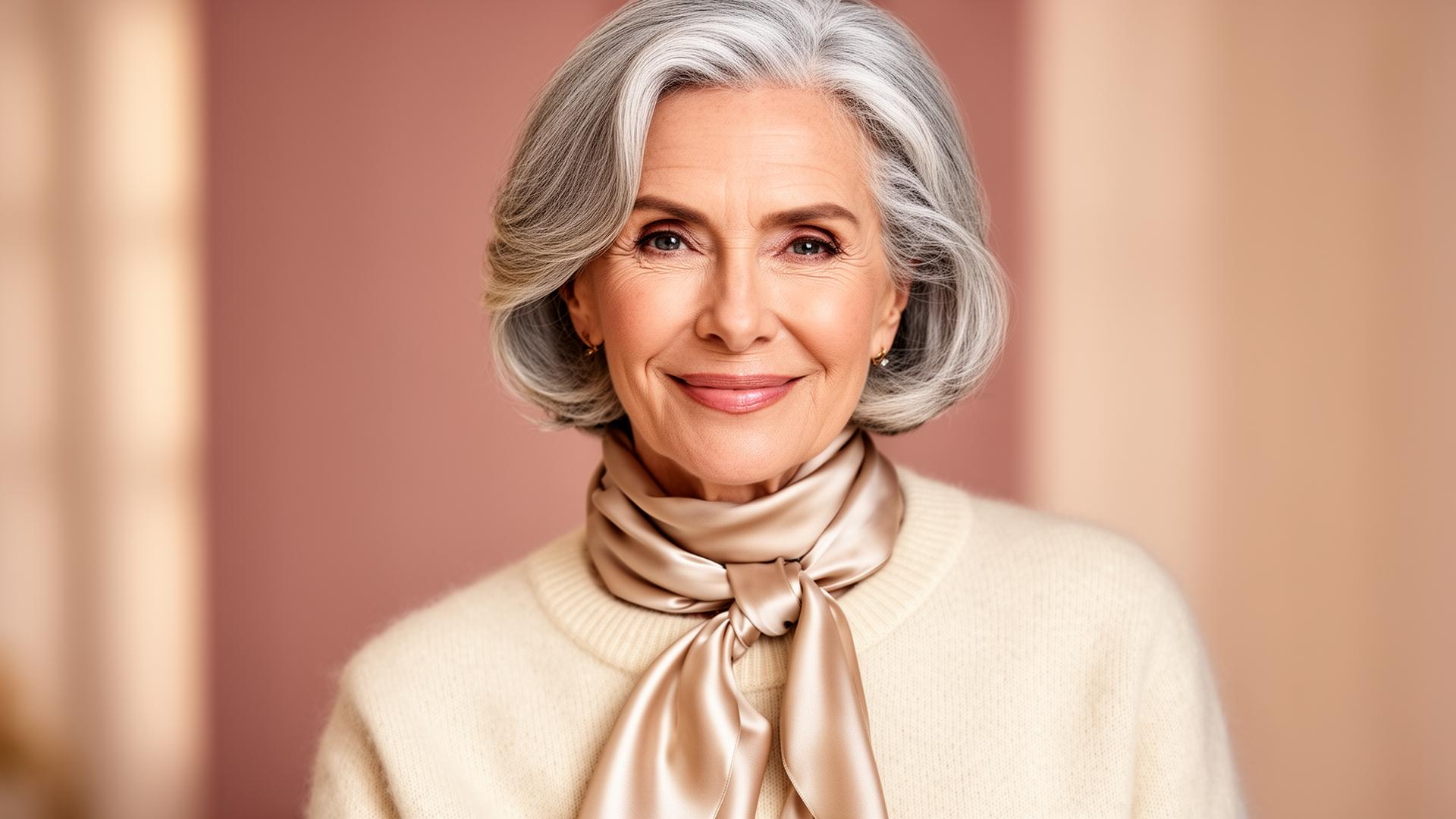 Stylish woman over 60 wearing a cream cashmere sweater and silk scarf